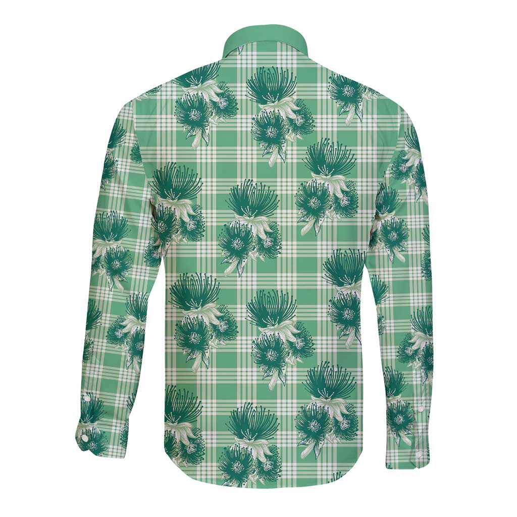 Green Palaka Hawaii Long Sleeve Button Shirt Hawaiian Lehua Blossoms LT05 - Polynesian Pride