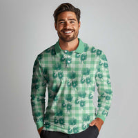Green Palaka Hawaii Long Sleeve Polo Shirt Hawaiian Lehua Blossoms