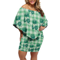 Green Palaka Hawaii Off Shoulder Short Dress Hawaiian Lehua Blossoms