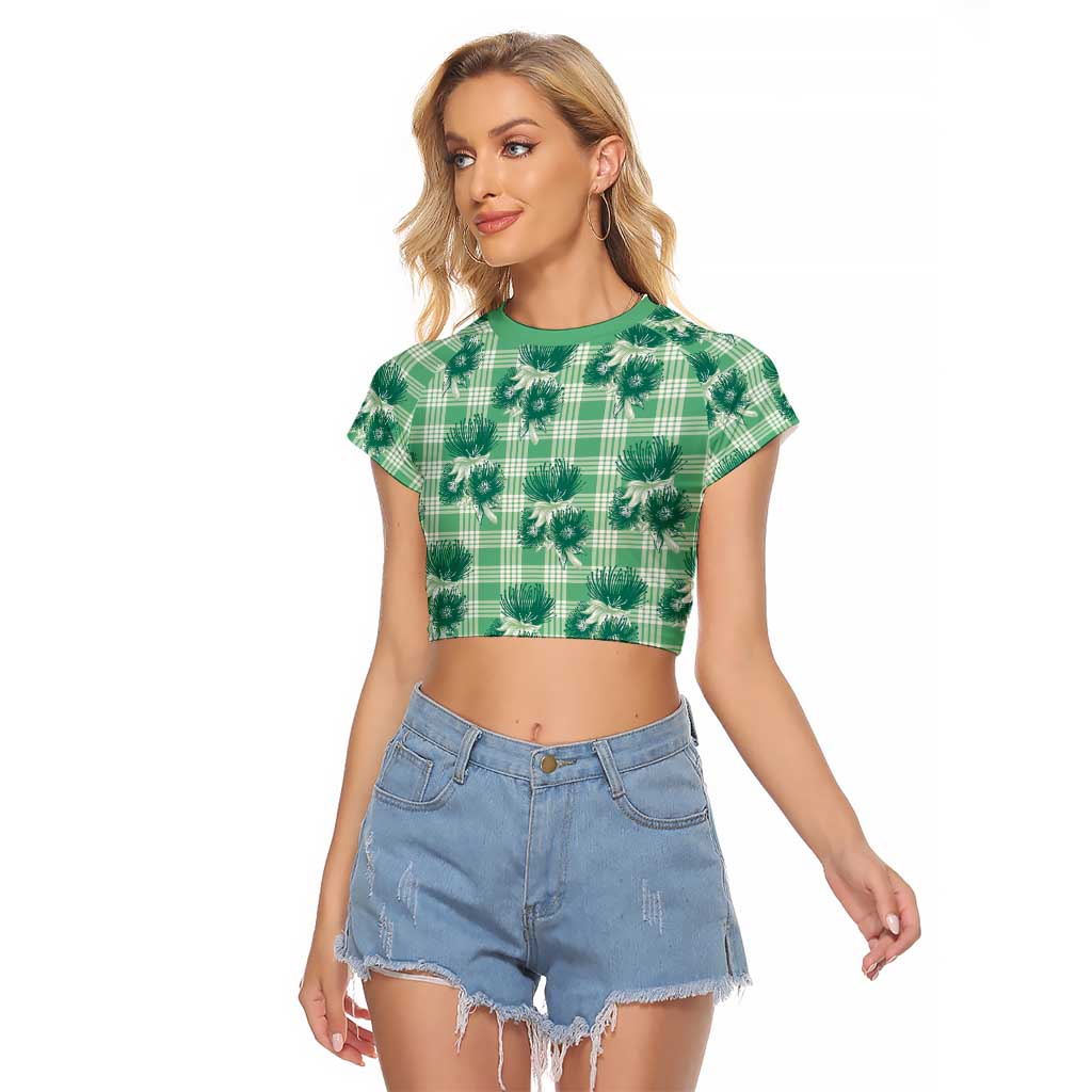 Green Palaka Hawaii Raglan Cropped T Shirt Hawaiian Lehua Blossoms
