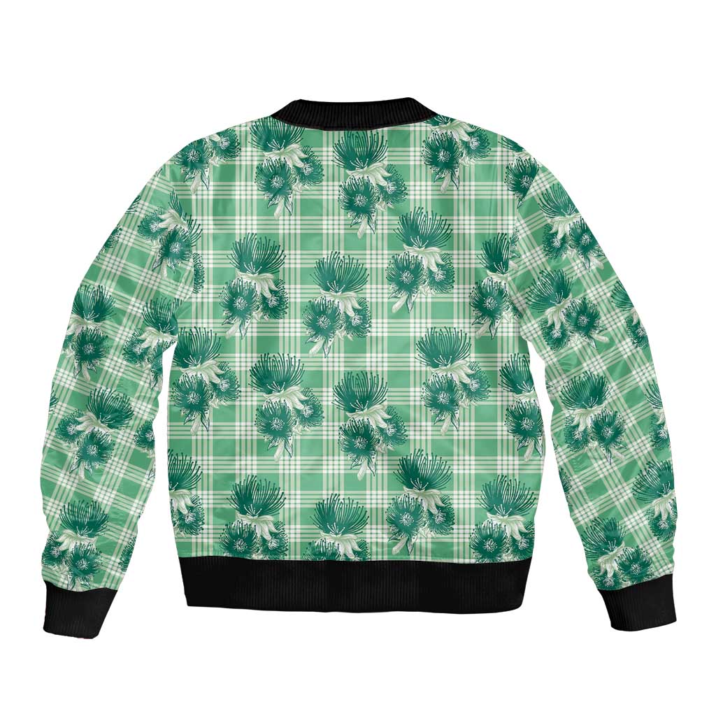 Green Palaka Hawaii Sleeve Zip Bomber Jacket Hawaiian Lehua Blossoms