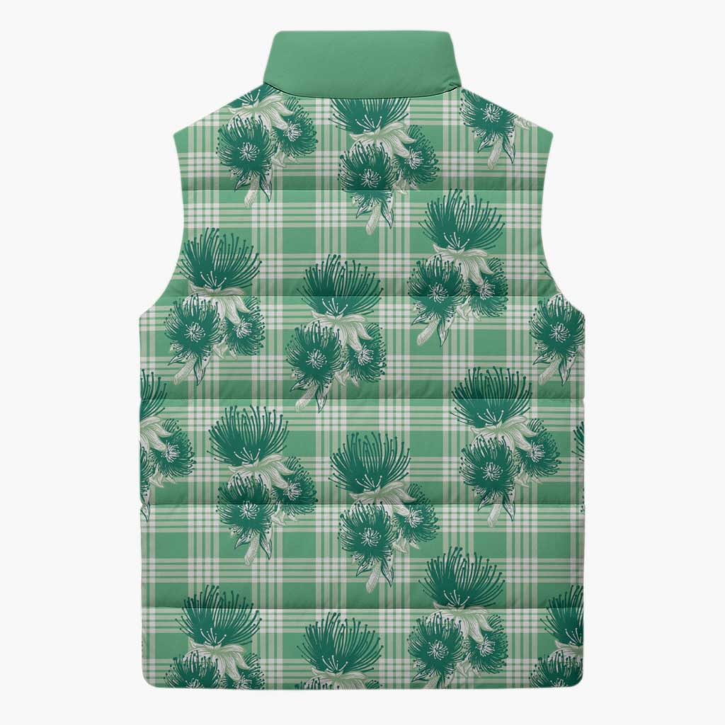 Green Palaka Hawaii Sleeveless Puffer Jacket Hawaiian Lehua Blossoms