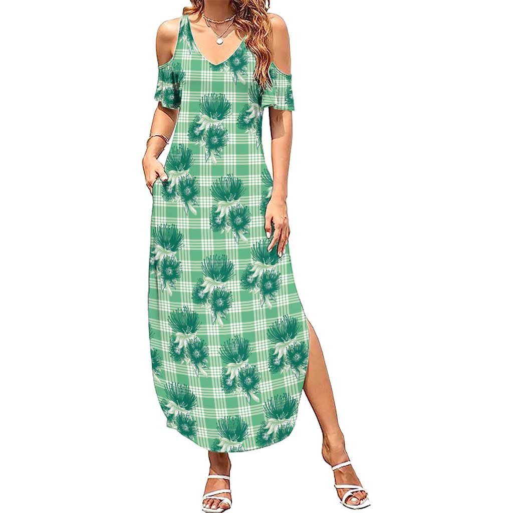 Green Palaka Hawaii Summer Maxi Dress Hawaiian Lehua Blossoms LT05 Women Green - Polynesian Pride