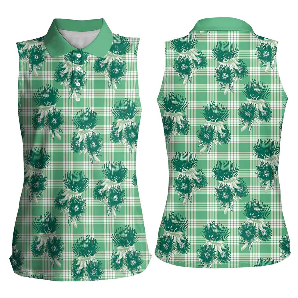 Green Palaka Hawaii Women Sleeveless Polo Shirt Hawaiian Lehua Blossoms