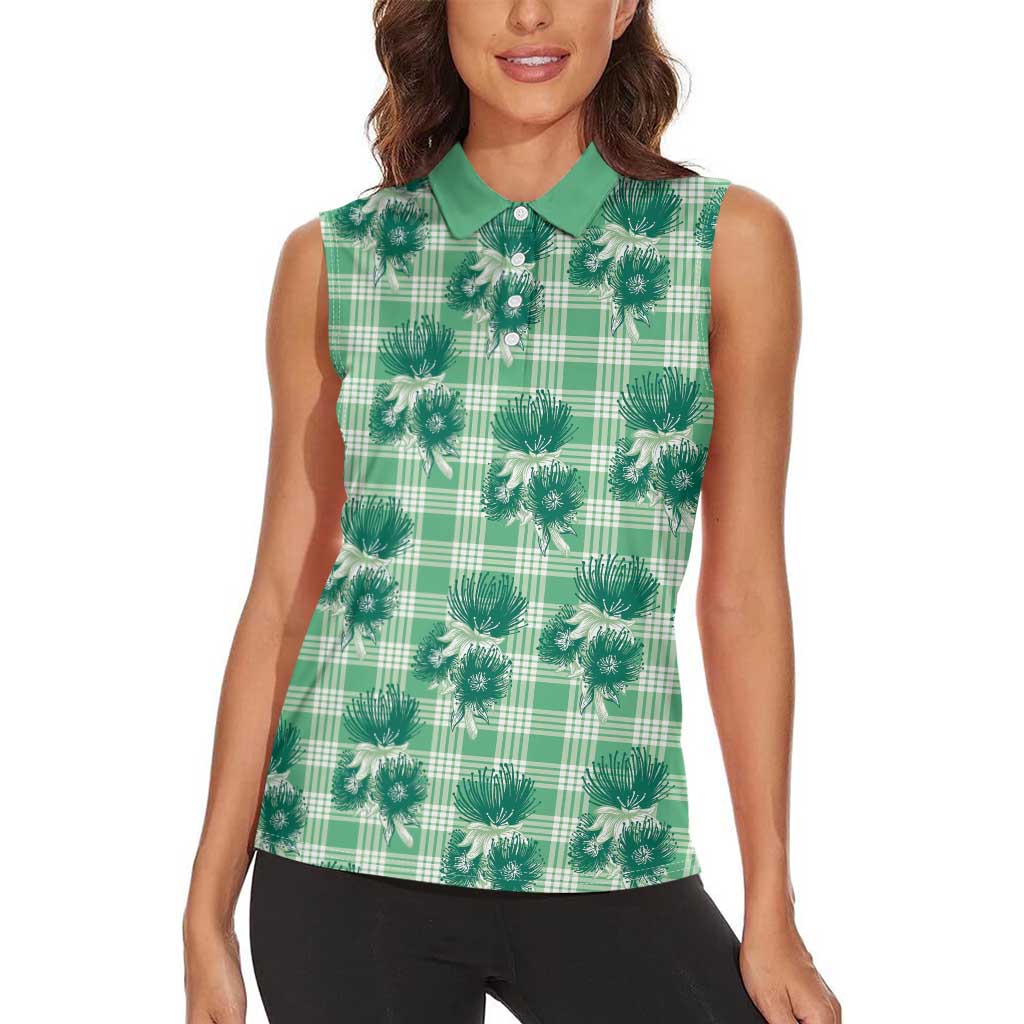 Green Palaka Hawaii Women Sleeveless Polo Shirt Hawaiian Lehua Blossoms