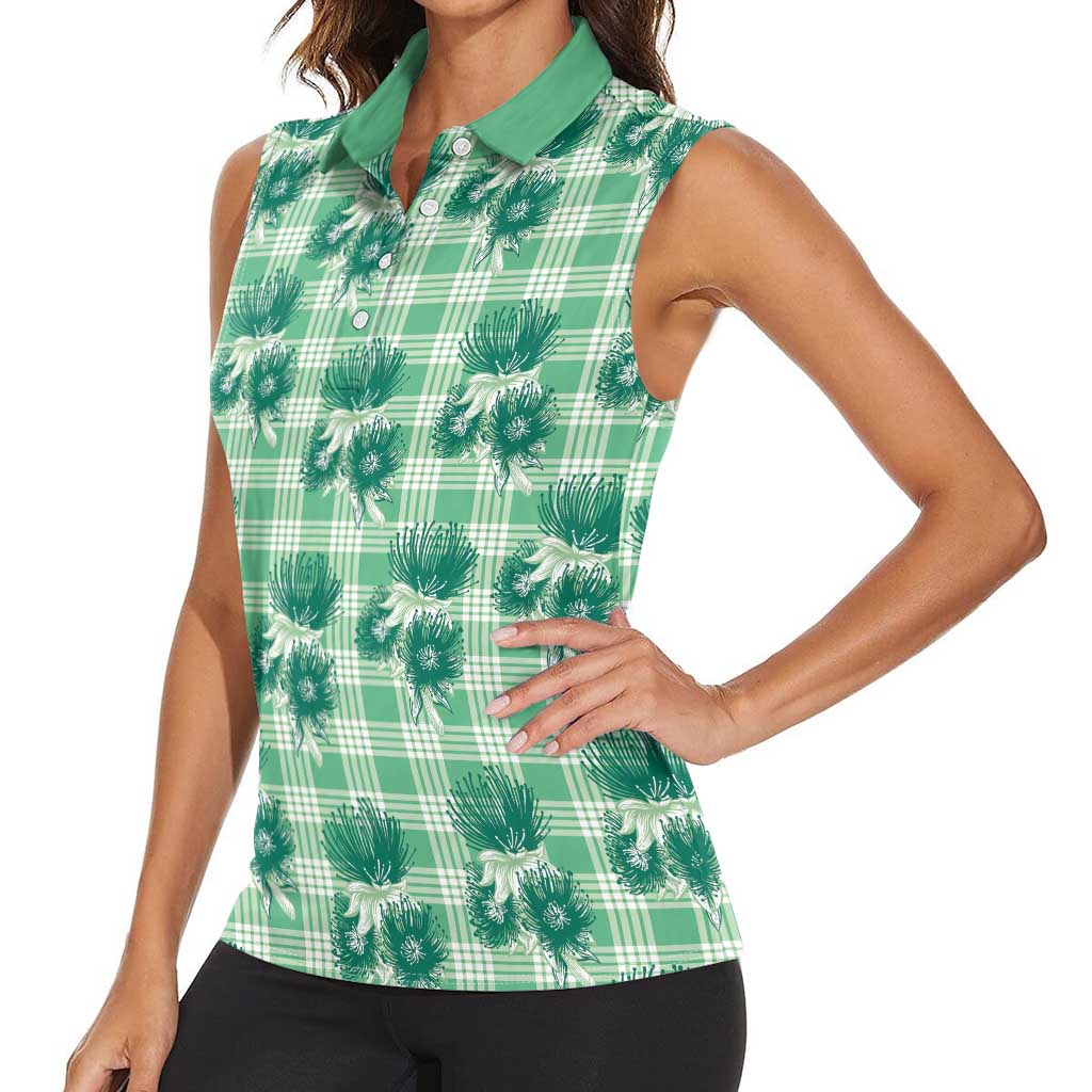 Green Palaka Hawaii Women Sleeveless Polo Shirt Hawaiian Lehua Blossoms