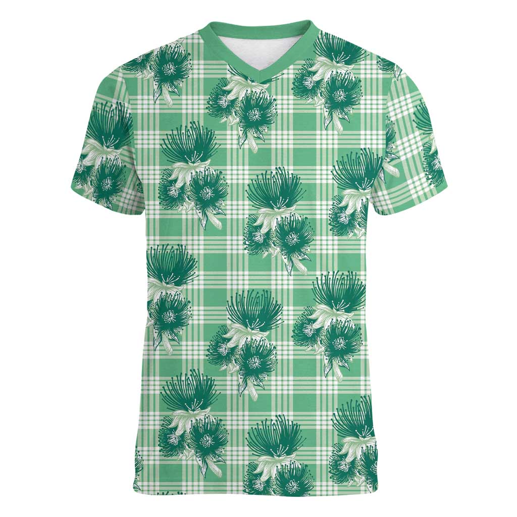 Green Palaka Hawaii Women V-Neck T-Shirt Hawaiian Lehua Blossoms