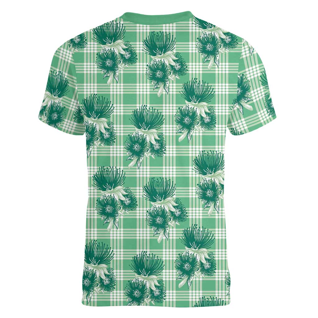 Green Palaka Hawaii Women V-Neck T-Shirt Hawaiian Lehua Blossoms