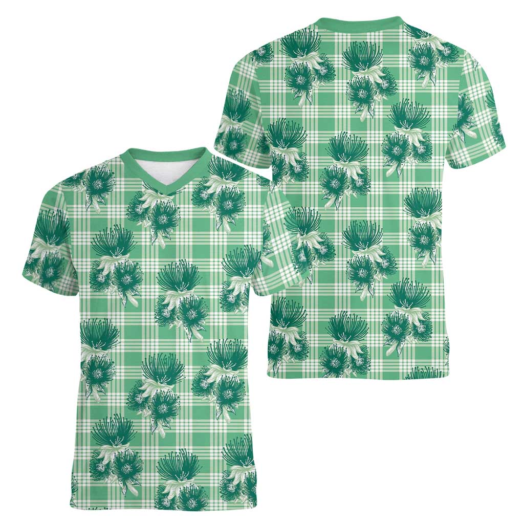 Green Palaka Hawaii Women V-Neck T-Shirt Hawaiian Lehua Blossoms
