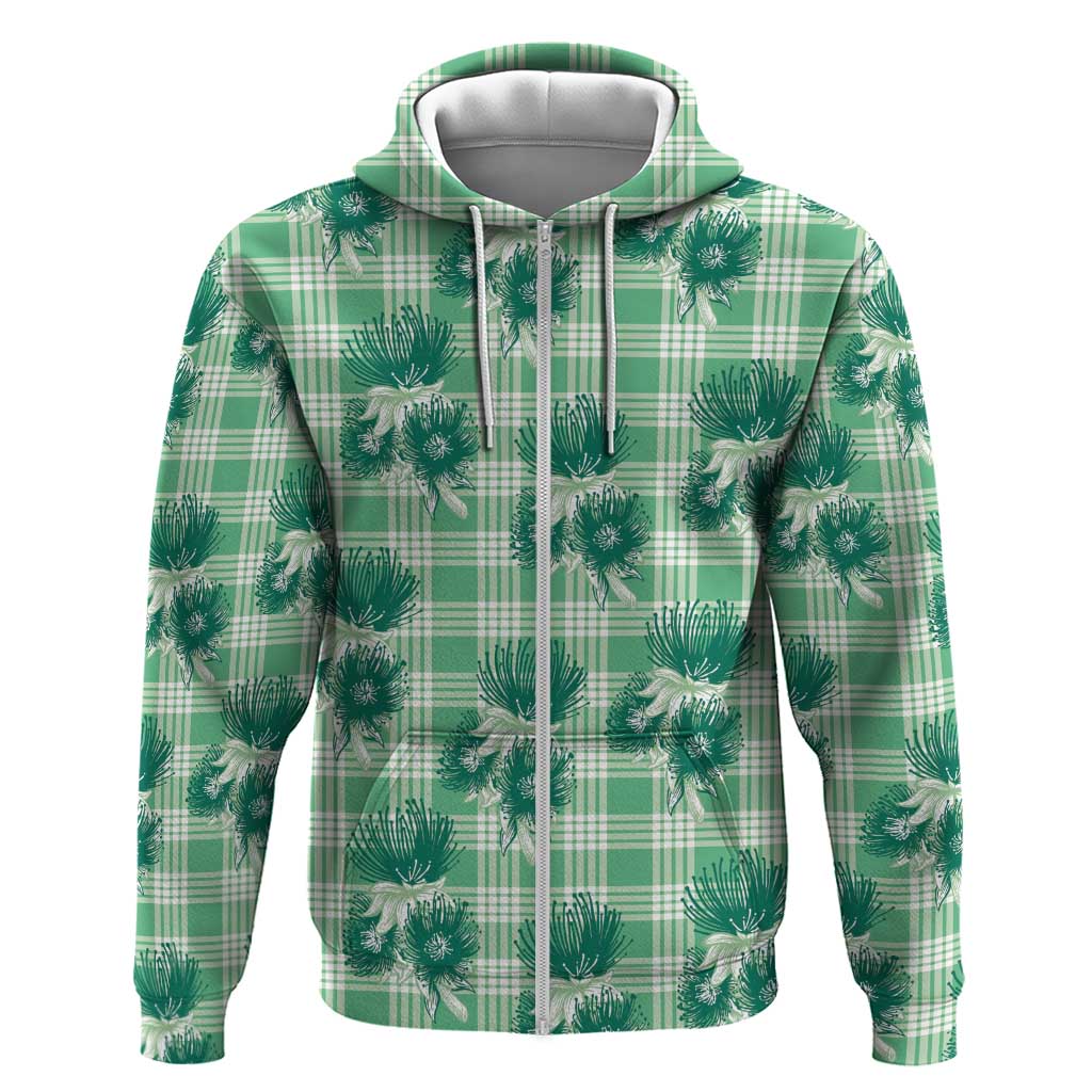 Green Palaka Hawaii Zip Hoodie Hawaiian Lehua Blossoms