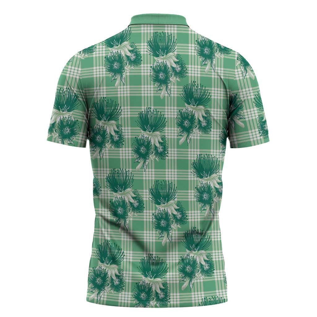 Green Palaka Hawaii Zipper Polo Shirt Hawaiian Lehua Blossoms