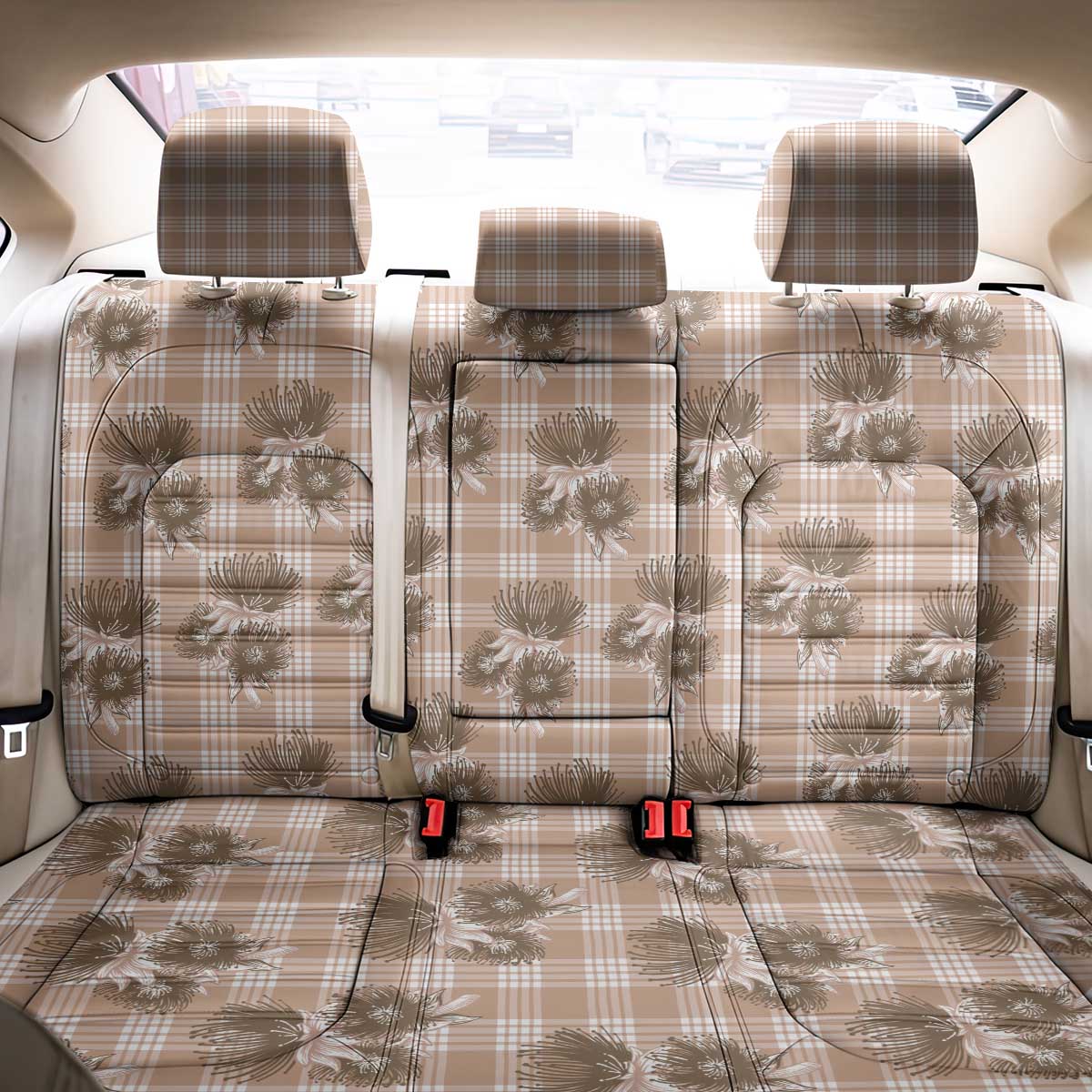 Brown Palaka Hawaii Back Car Seat Cover Hawaiian Lehua Blossoms