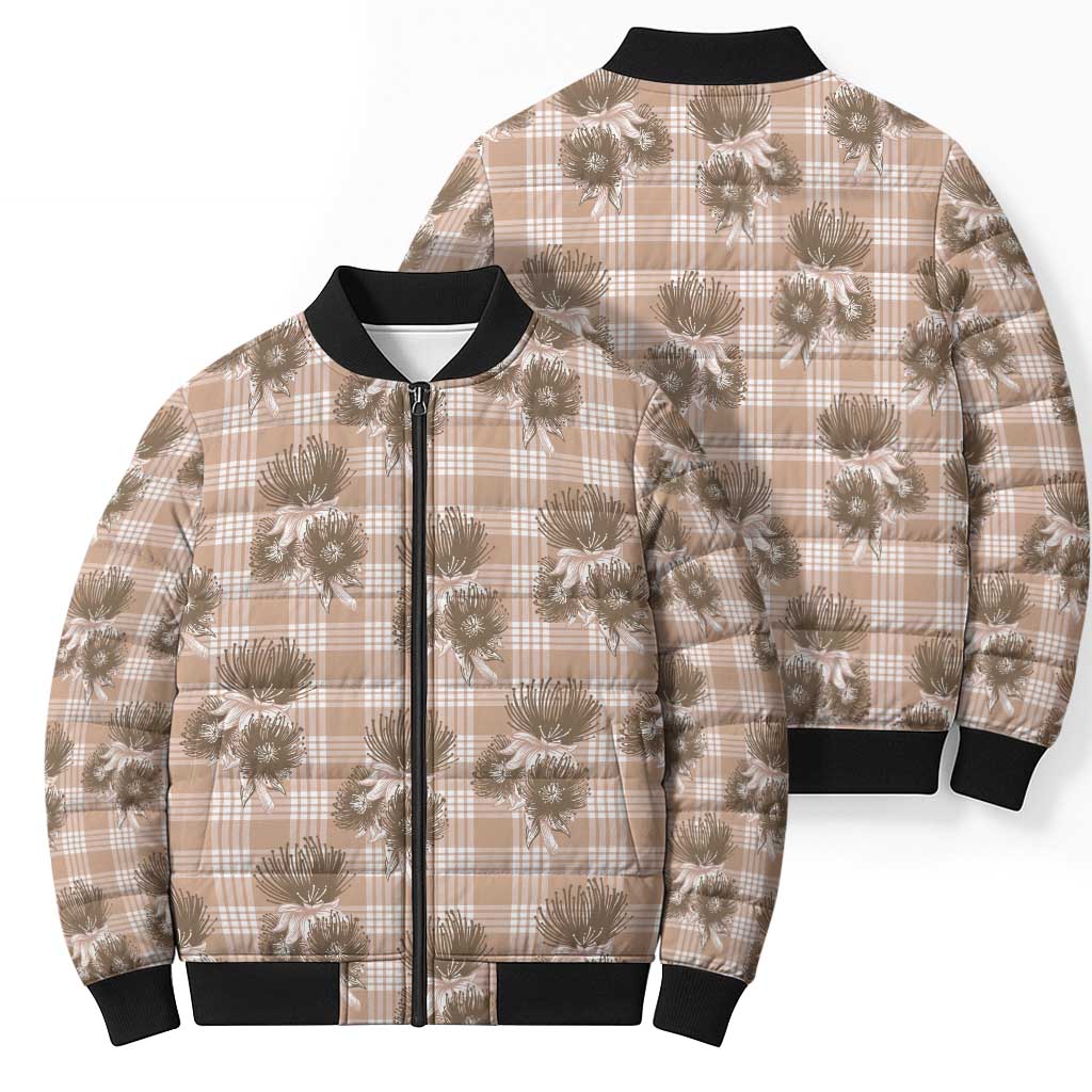 Brown Palaka Hawaii Bomber Puffer Jacket Hawaiian Lehua Blossoms