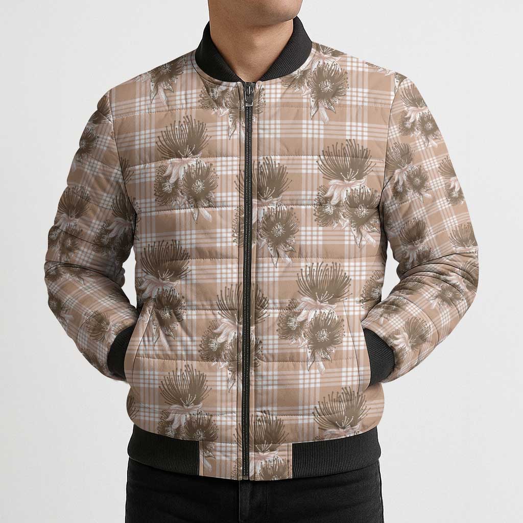Brown Palaka Hawaii Bomber Puffer Jacket Hawaiian Lehua Blossoms