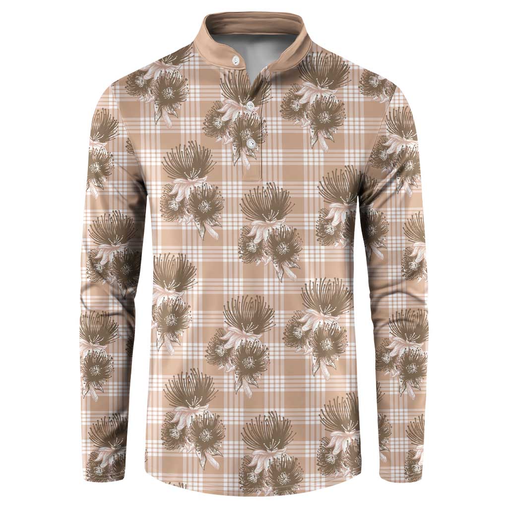 Brown Palaka Hawaii Button Sweatshirt Hawaiian Lehua Blossoms