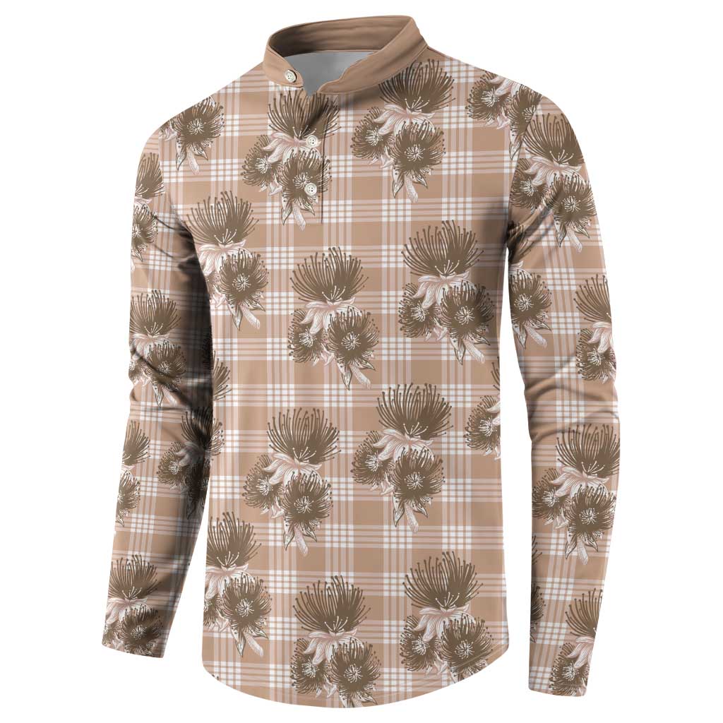 Brown Palaka Hawaii Button Sweatshirt Hawaiian Lehua Blossoms