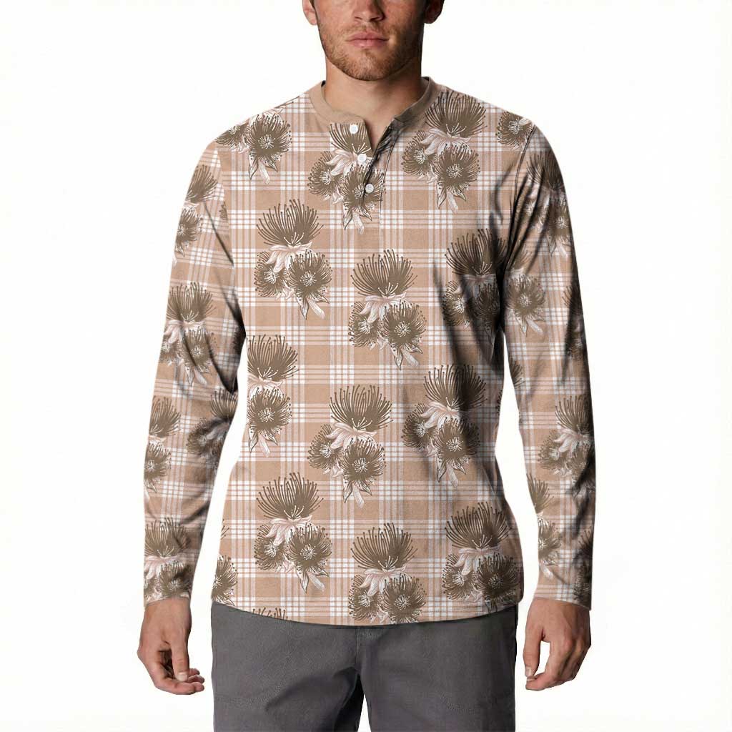 Brown Palaka Hawaii Button Sweatshirt Hawaiian Lehua Blossoms