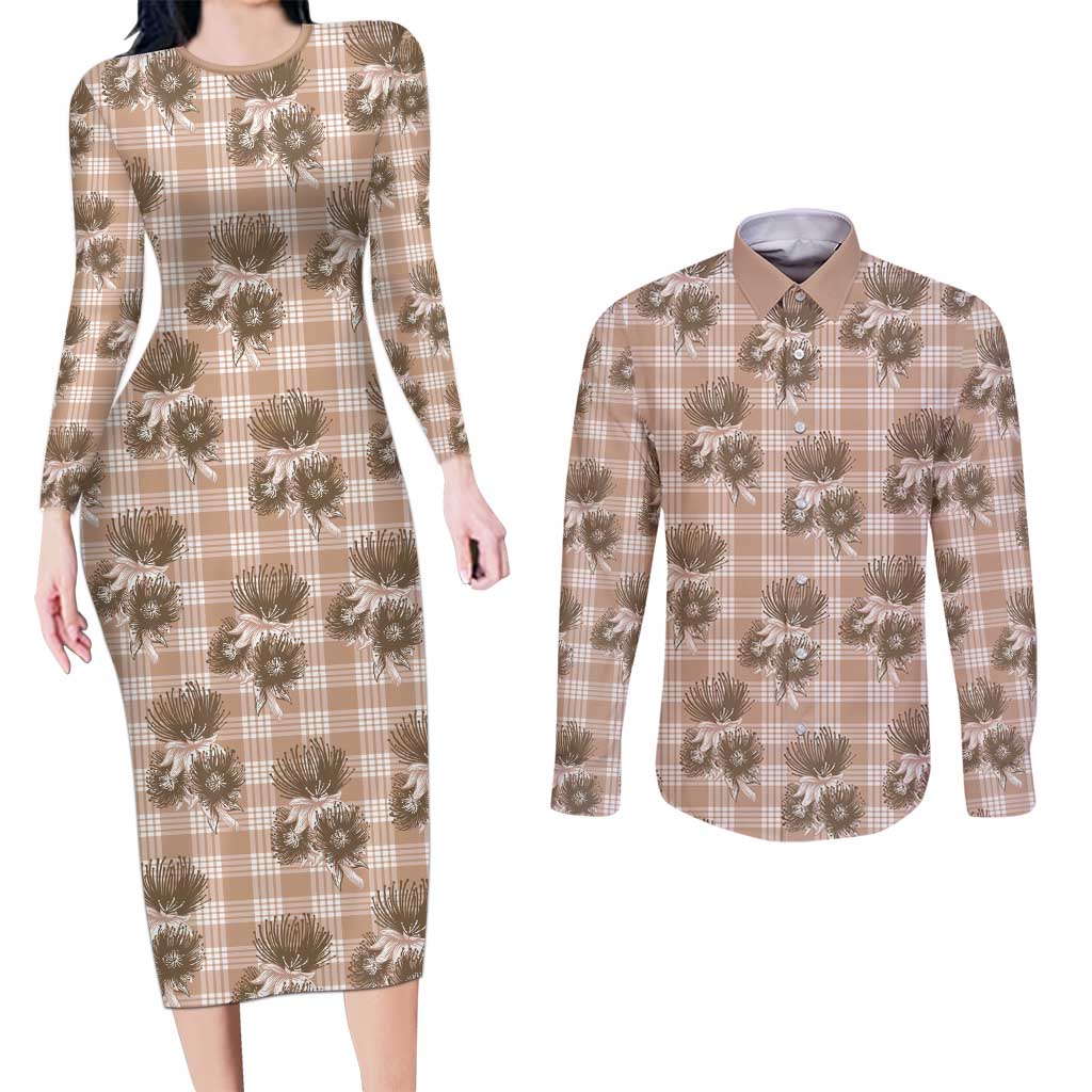 Brown Palaka Hawaii Couples Matching Long Sleeve Bodycon Dress and Long Sleeve Button Shirt Hawaiian Lehua Blossoms