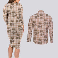 Brown Palaka Hawaii Couples Matching Long Sleeve Bodycon Dress and Long Sleeve Button Shirt Hawaiian Lehua Blossoms