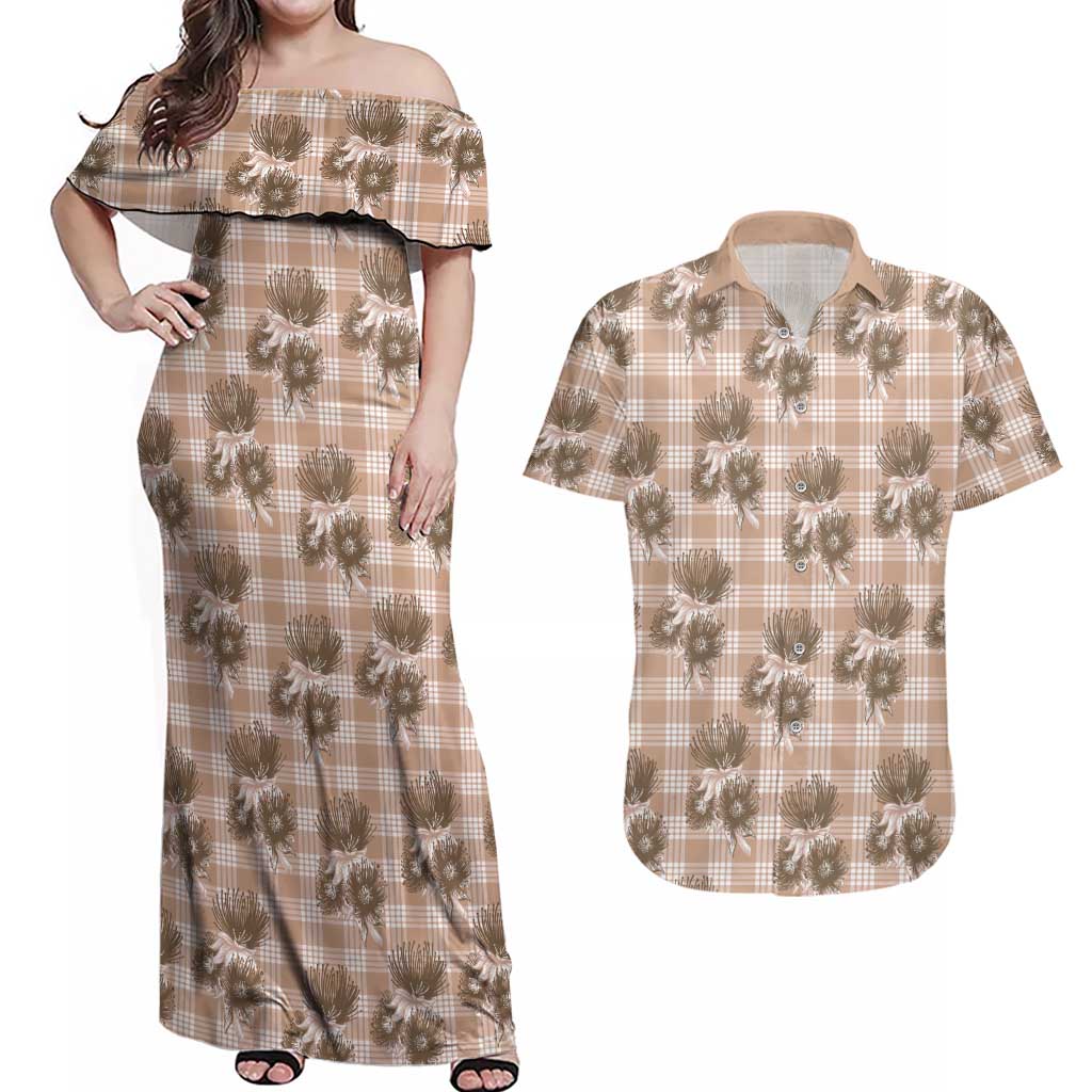 Brown Palaka Hawaii Couples Matching Off Shoulder Maxi Dress and Hawaiian Shirt Hawaiian Lehua Blossoms