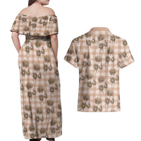 Brown Palaka Hawaii Couples Matching Off Shoulder Maxi Dress and Hawaiian Shirt Hawaiian Lehua Blossoms