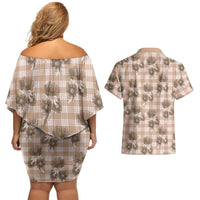 Brown Palaka Hawaii Couples Matching Off Shoulder Short Dress and Hawaiian Shirt Hawaiian Lehua Blossoms
