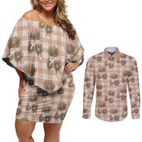 Brown Palaka Hawaii Couples Matching Off Shoulder Short Dress and Long Sleeve Button Shirt Hawaiian Lehua Blossoms