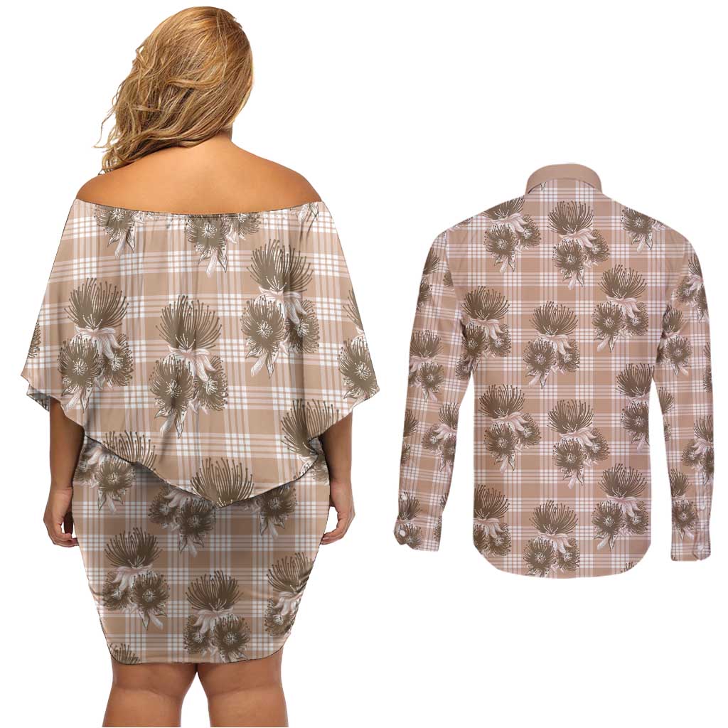 Brown Palaka Hawaii Couples Matching Off Shoulder Short Dress and Long Sleeve Button Shirt Hawaiian Lehua Blossoms
