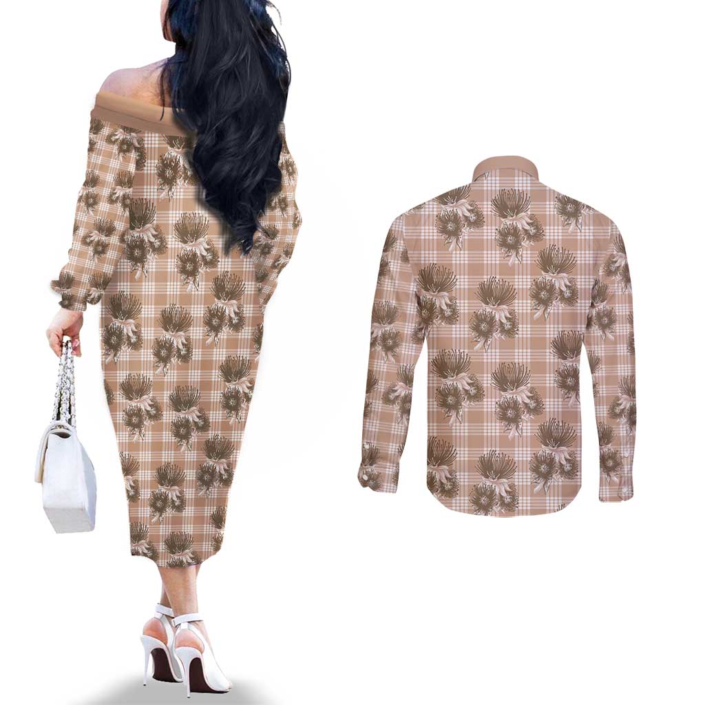 Brown Palaka Hawaii Couples Matching Off The Shoulder Long Sleeve Dress and Long Sleeve Button Shirt Hawaiian Lehua Blossoms