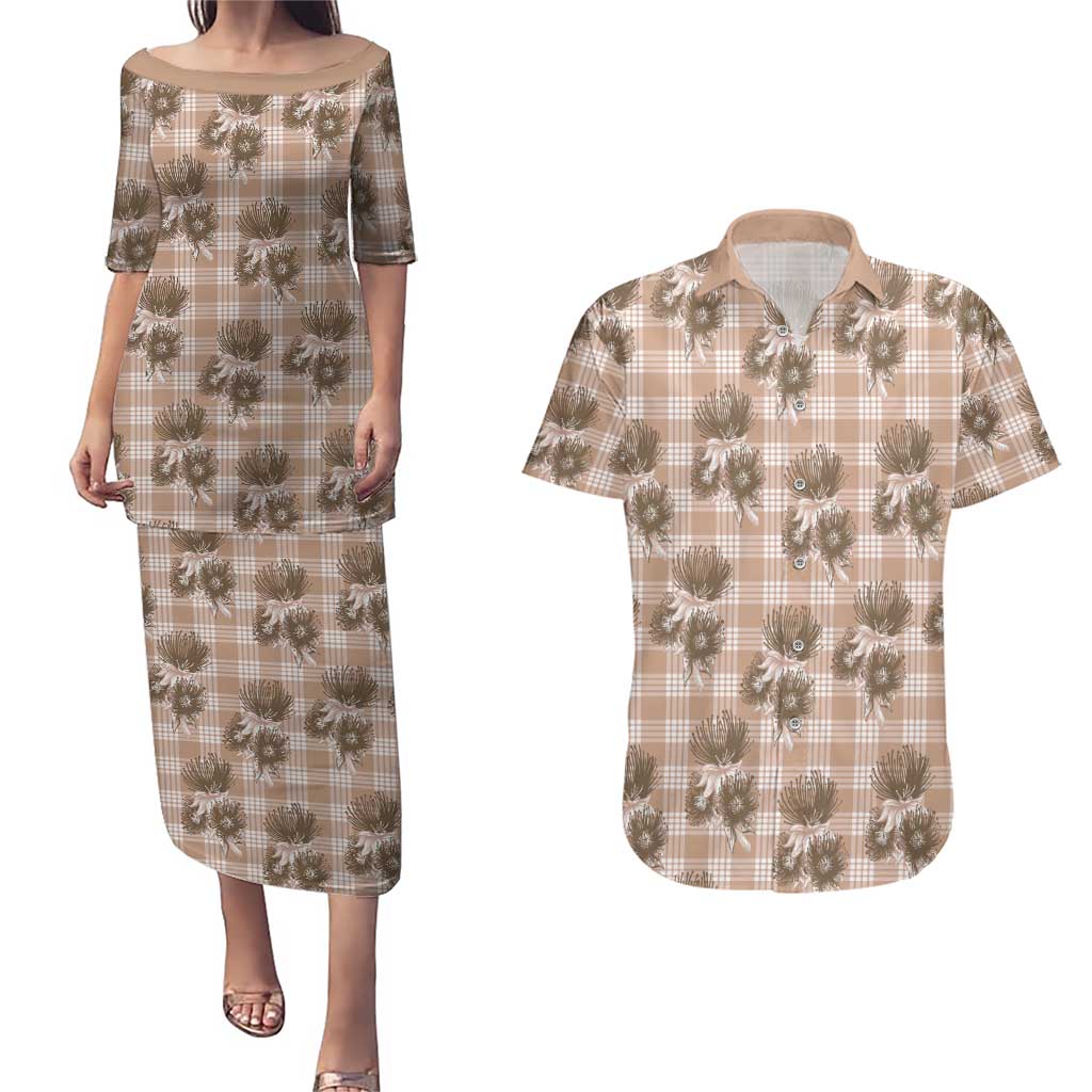 Brown Palaka Hawaii Couples Matching Puletasi and Hawaiian Shirt Hawaiian Lehua Blossoms