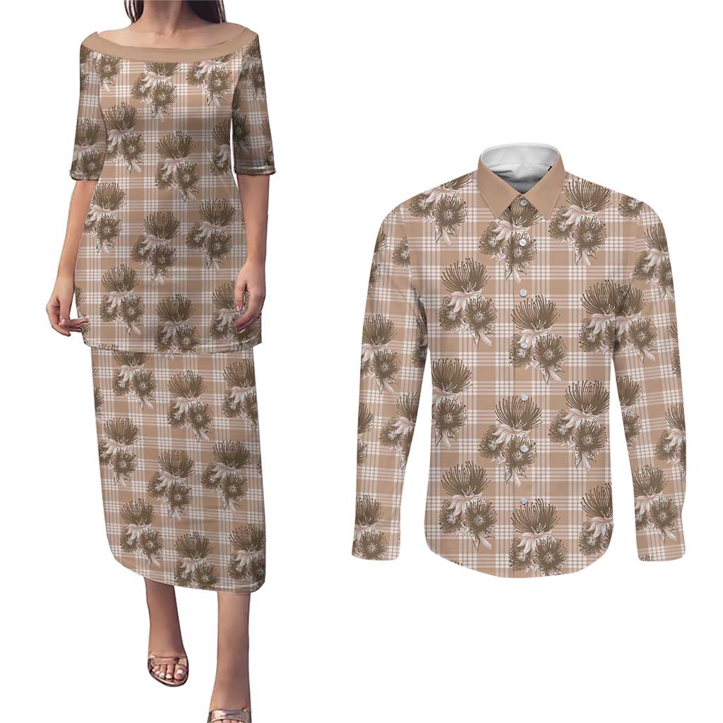 Brown Palaka Hawaii Couples Matching Puletasi and Long Sleeve Button Shirt Hawaiian Lehua Blossoms