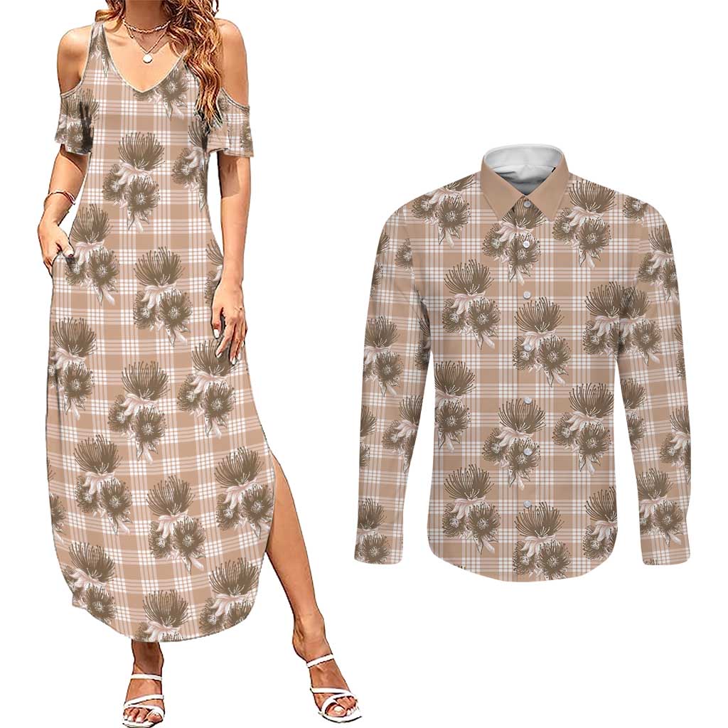 Brown Palaka Hawaii Couples Matching Summer Maxi Dress and Long Sleeve Button Shirt Hawaiian Lehua Blossoms LT05 Brown - Polynesian Pride