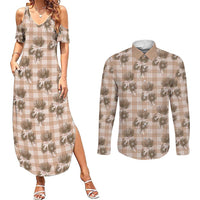 Brown Palaka Hawaii Couples Matching Summer Maxi Dress and Long Sleeve Button Shirt Hawaiian Lehua Blossoms LT05 Brown - Polynesian Pride