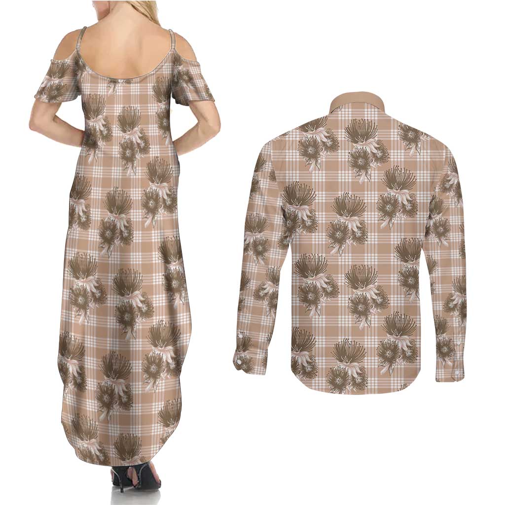 Brown Palaka Hawaii Couples Matching Summer Maxi Dress and Long Sleeve Button Shirt Hawaiian Lehua Blossoms LT05 - Polynesian Pride