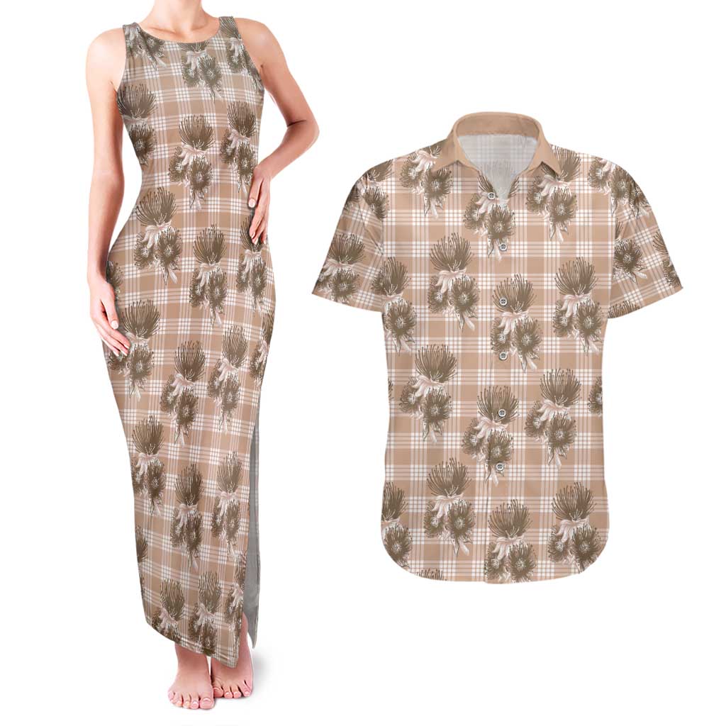 Brown Palaka Hawaii Couples Matching Tank Maxi Dress and Hawaiian Shirt Hawaiian Lehua Blossoms