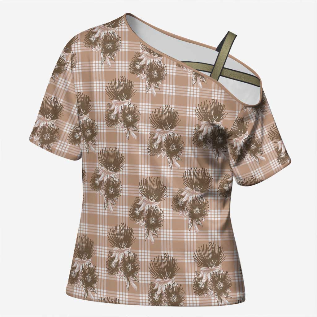 Brown Palaka Hawaii Cross Shoulder Shirt Hawaiian Lehua Blossoms LT05 Female Brown - Polynesian Pride