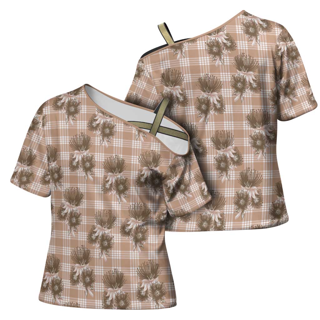 Brown Palaka Hawaii Cross Shoulder Shirt Hawaiian Lehua Blossoms LT05 - Polynesian Pride
