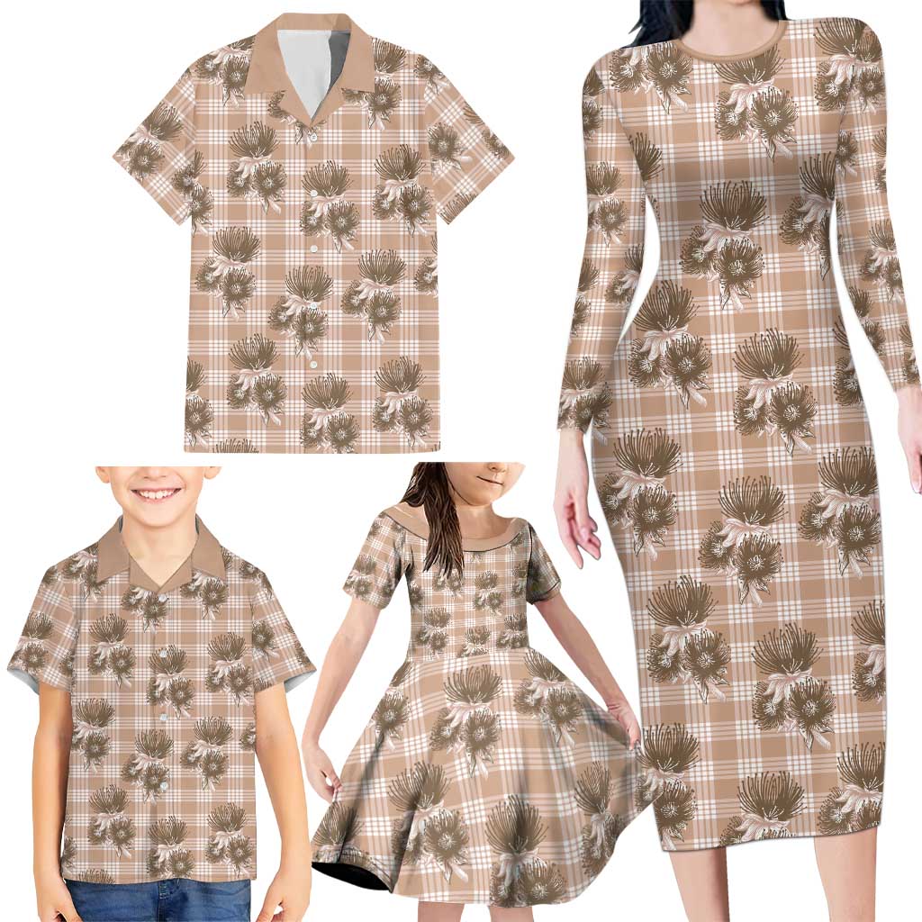 Brown Palaka Hawaii Family Matching Long Sleeve Bodycon Dress and Hawaiian Shirt Hawaiian Lehua Blossoms