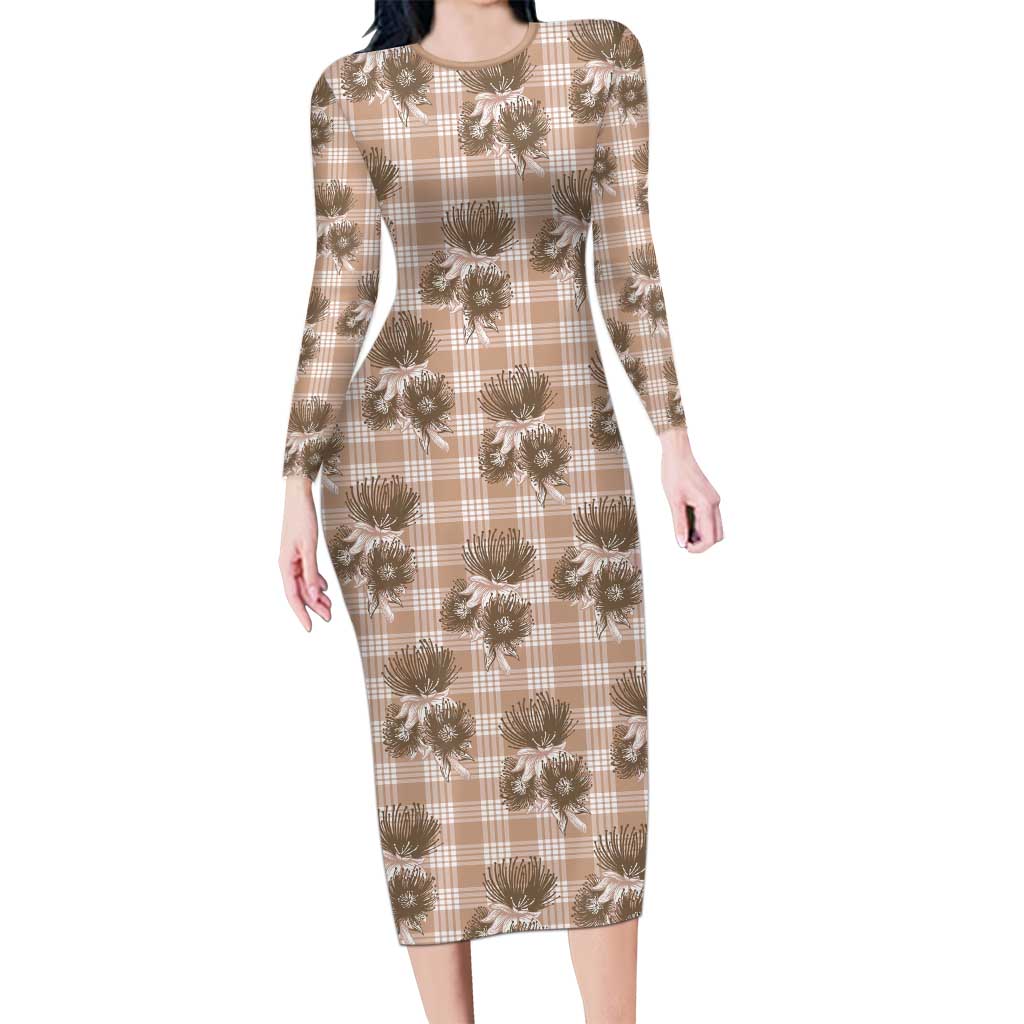 Brown Palaka Hawaii Family Matching Long Sleeve Bodycon Dress and Hawaiian Shirt Hawaiian Lehua Blossoms