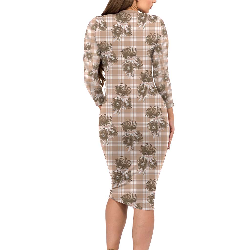 Brown Palaka Hawaii Family Matching Long Sleeve Bodycon Dress and Hawaiian Shirt Hawaiian Lehua Blossoms