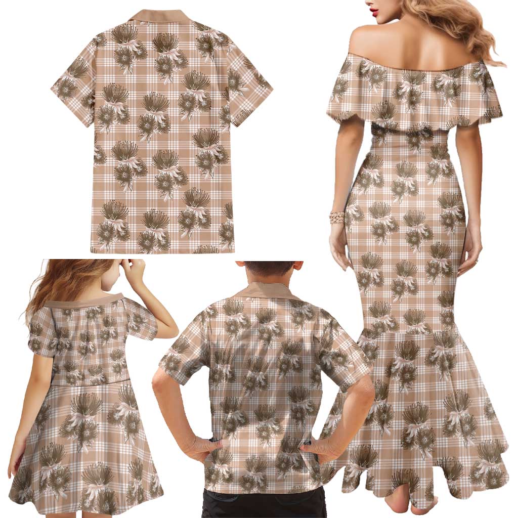 Brown Palaka Hawaii Family Matching Mermaid Dress and Hawaiian Shirt Hawaiian Lehua Blossoms