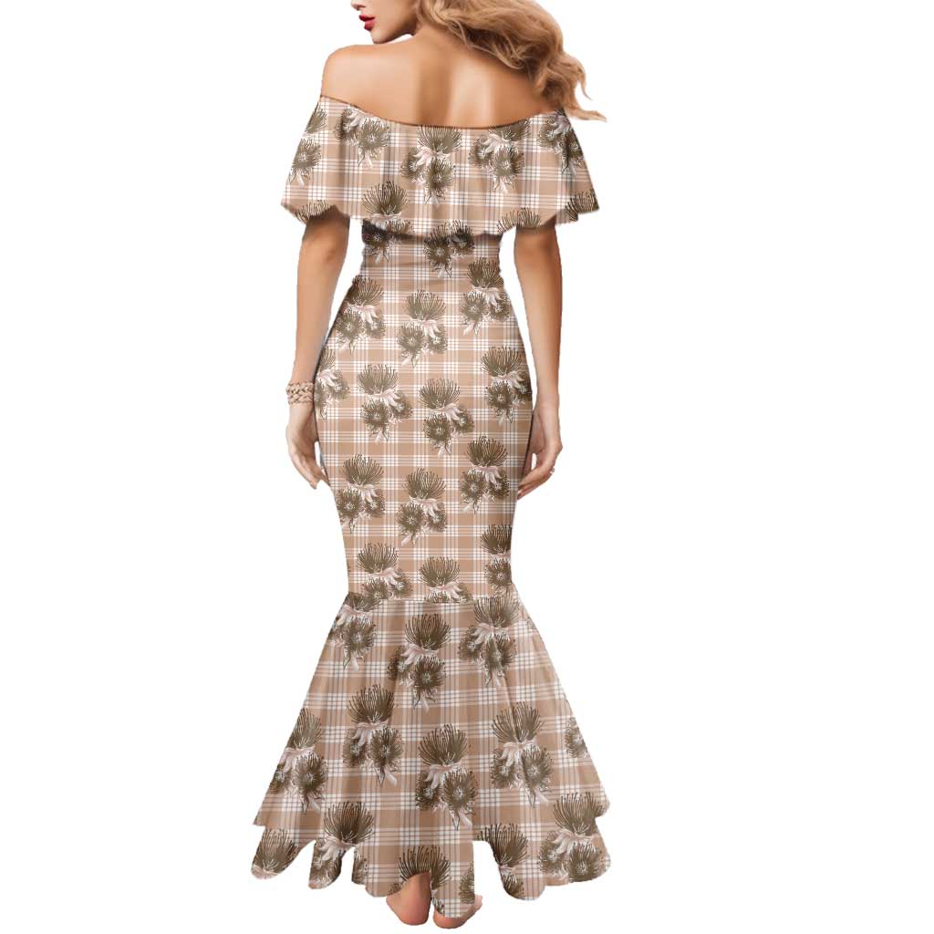 Brown Palaka Hawaii Family Matching Mermaid Dress and Hawaiian Shirt Hawaiian Lehua Blossoms
