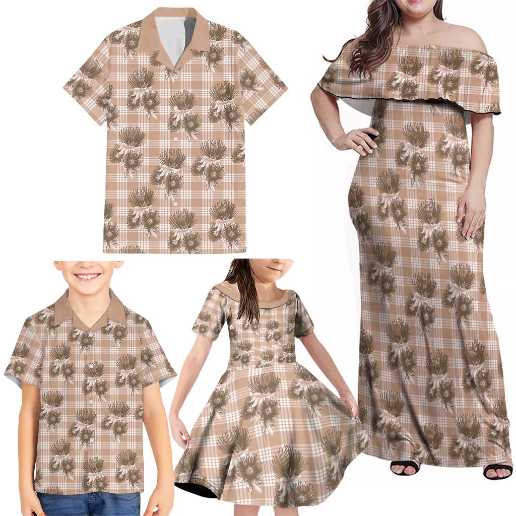 Brown Palaka Hawaii Family Matching Off Shoulder Maxi Dress and Hawaiian Shirt Hawaiian Lehua Blossoms