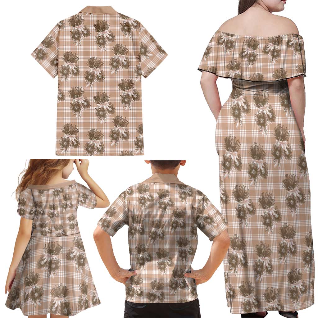 Brown Palaka Hawaii Family Matching Off Shoulder Maxi Dress and Hawaiian Shirt Hawaiian Lehua Blossoms