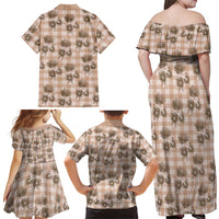 Brown Palaka Hawaii Family Matching Off Shoulder Maxi Dress and Hawaiian Shirt Hawaiian Lehua Blossoms