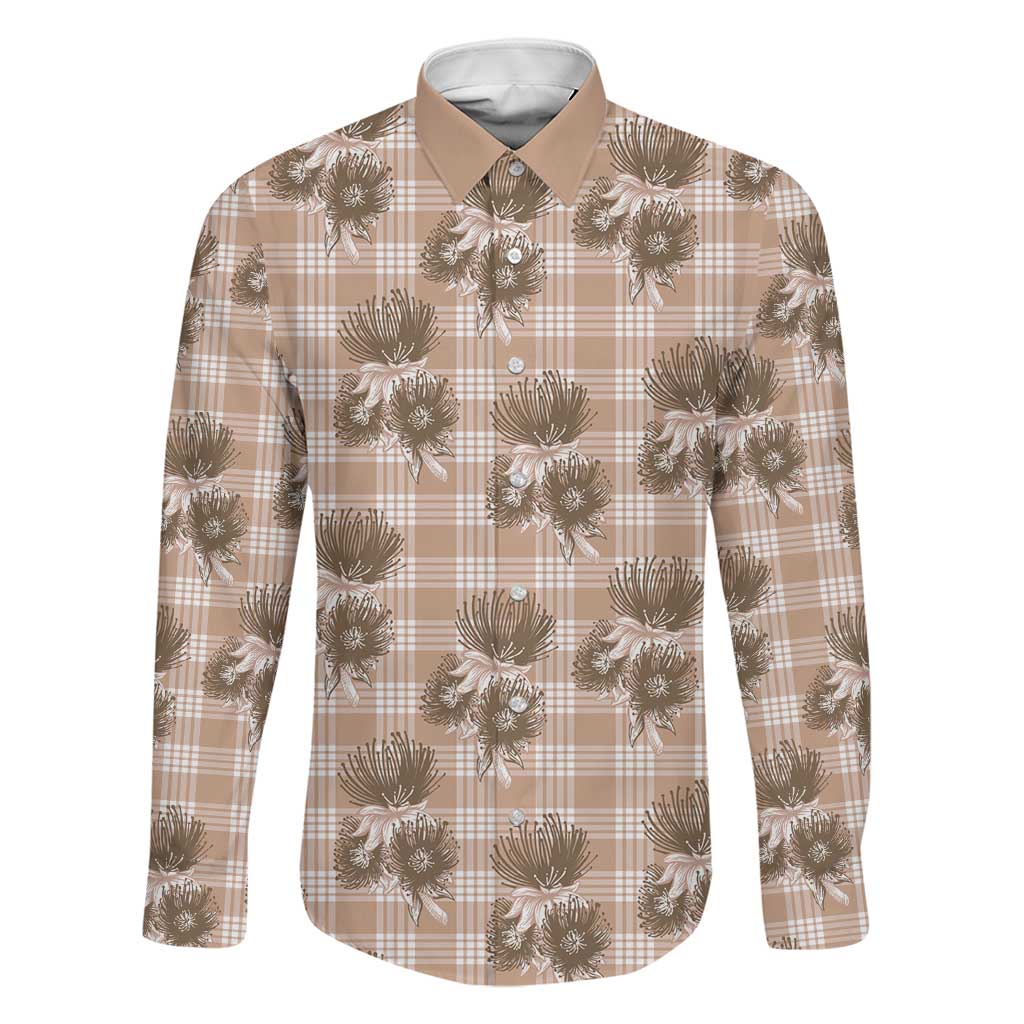 Brown Palaka Hawaii Family Matching Off Shoulder Maxi Dress and Hawaiian Shirt Hawaiian Lehua Blossoms