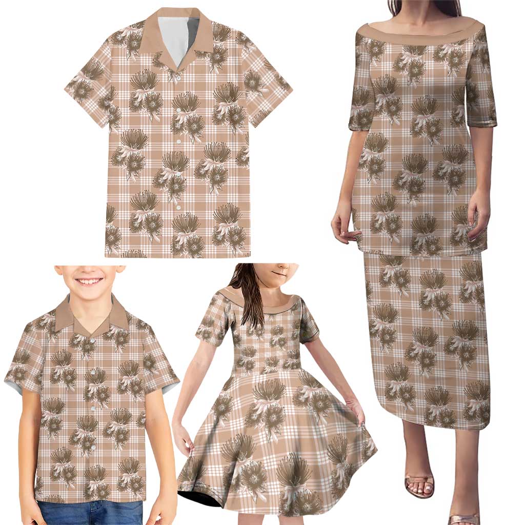 Brown Palaka Hawaii Family Matching Puletasi and Hawaiian Shirt Hawaiian Lehua Blossoms