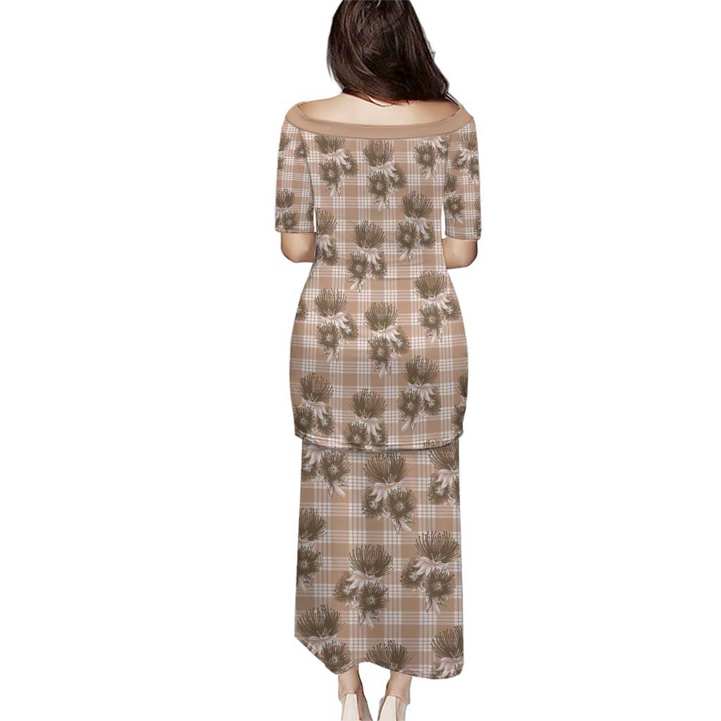 Brown Palaka Hawaii Family Matching Puletasi and Hawaiian Shirt Hawaiian Lehua Blossoms