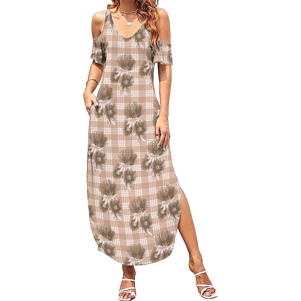 Brown Palaka Hawaii Family Matching Summer Maxi Dress and Hawaiian Shirt Hawaiian Lehua Blossoms