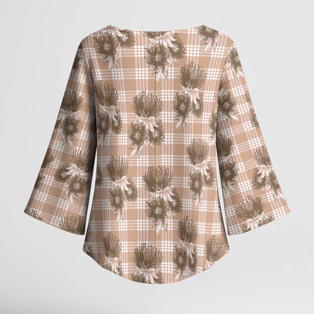Brown Palaka Hawaii Kimono Sleeve Blouse Hawaiian Lehua Blossoms